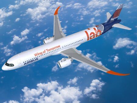 Airbus launches three year folding wing test program Airbus A321 test aircraft in Wing of Tomorrow livery banking above clouds