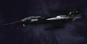 A black Starfighters F-104 supersonic jet, registration N991SF, shown in profile against a star-filled backdrop
