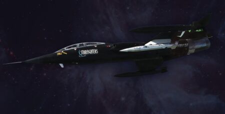 A black Starfighters F-104 supersonic jet, registration N991SF, shown in profile against a star-filled backdrop
