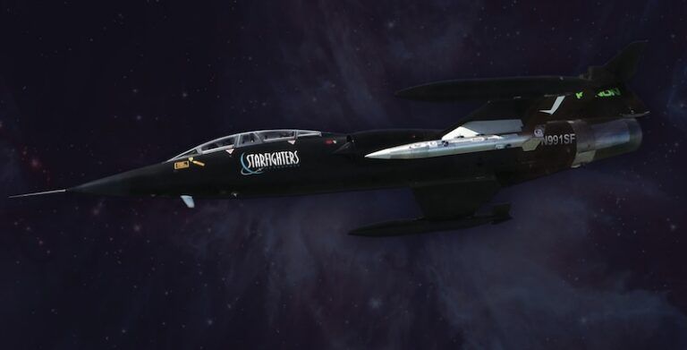 A black Starfighters F-104 supersonic jet, registration N991SF, shown in profile against a star-filled backdrop