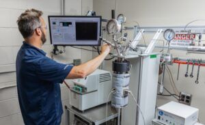 A technician wearing safety glasses adjusts fittings on a supercritical carbon dioxide test rig, alongside a data monitor, pressure gauges and an insulated pressure vessel in a laboratory