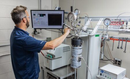 Greene Tweed adds cryogenic and supercritical CO₂ testing capabilites A technician wearing safety glasses adjusts fittings on a supercritical carbon dioxide test rig, alongside a data monitor, pressure gauges and an insulated pressure vessel in a laboratory