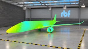 Computational fluid dynamics visualization of an aircraft in green and yellow surface color, displayed in a rendered hangar with an rbf logo on the wall