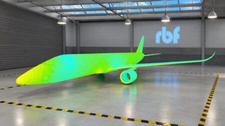 RBF Morph launches rbfCAE simulation and design platform Computational fluid dynamics visualization of an aircraft in green and yellow surface color, displayed in a rendered hangar with an rbf logo on the wall