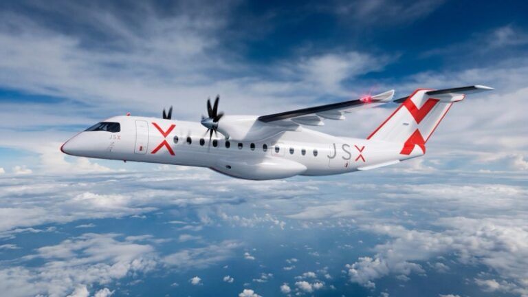 Rendering of a white twin-turboprop regional aircraft in JSX livery flying above clouds