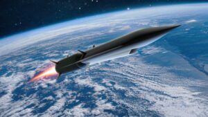 Rendering of a hypersonic test vehicle climbing through the upper atmosphere with its engine firing, the curved Earth below