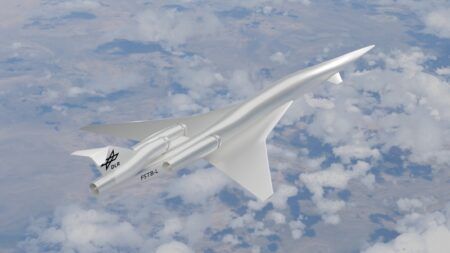 German researchers model supersonic aircraft noise to shape certification rules Computer-generated image of a slender supersonic aircraft concept with a delta wing and twin underwing engine nacelles, flying above clouds
