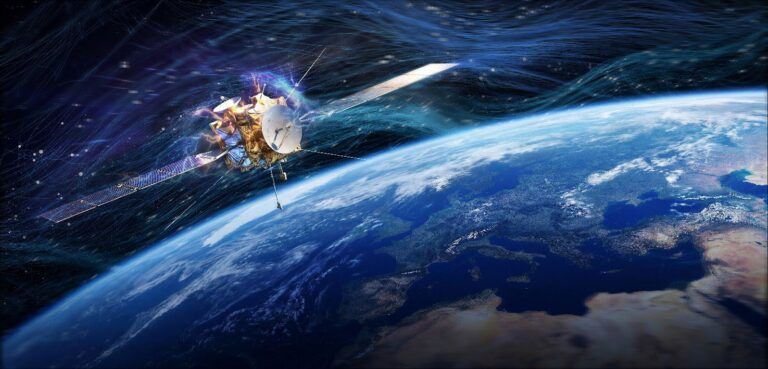 France builds higher-power proton accelerator for space testing Artist’s illustration of a satellite in orbit above Earth, surrounded by streaming lines representing charged particles in the space radiation environment