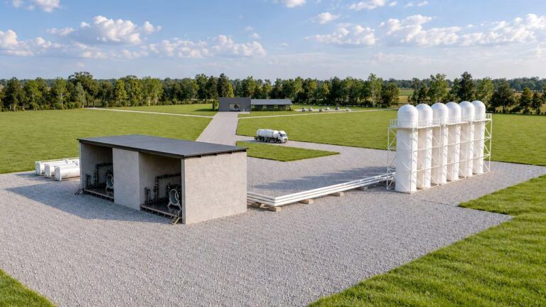 Canada Rocket Company plans country’s first large launcher test facility Aerial rendering of a rocket engine test facility with a fabrication building, fuel tanks and a row of tall vertical storage tanks connected by piping, set on a gravel site surrounded by grass and trees