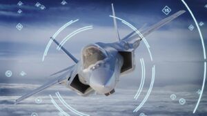 A computer rendering of an F-35 Lightning II stealth fighter banking in flight above clouds, overlaid with circular sensor-style graphics