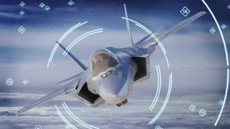 BAE Systems extends contract to supply F-35 electronic warfare systems A computer rendering of an F-35 Lightning II stealth fighter banking in flight above clouds, overlaid with circular sensor-style graphics