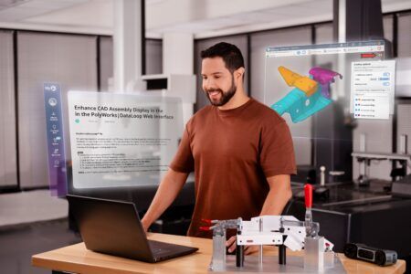 A user at a laptop beside a coordinate measuring machine, with PolyWorks software and a colored 3D model of a sheet-metal assembly shown on screen