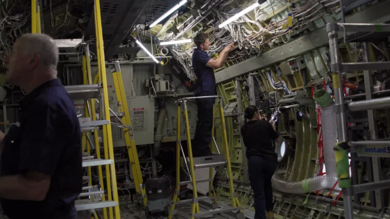 Engineers working inside an aircraft fuselage, one on a platform ladder routing bundles of electrical wiring overhead while others work on structures and systems nearby