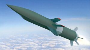 A computer rendering of a slender, wingless air-breathing hypersonic cruise missile with tail fins flying above a cloud layer