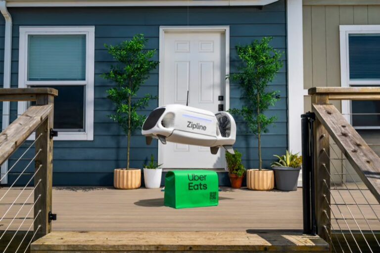 Zipline cuts delivery drone noise with sound-optimized flight paths A Zipline delivery drone hovering at a house as it lowers an Uber Eats package onto the front porch